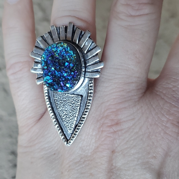 New Unique Oversized Blue Titanium Druzy 925 Silver Statement Ring. - Picture 7 of 16